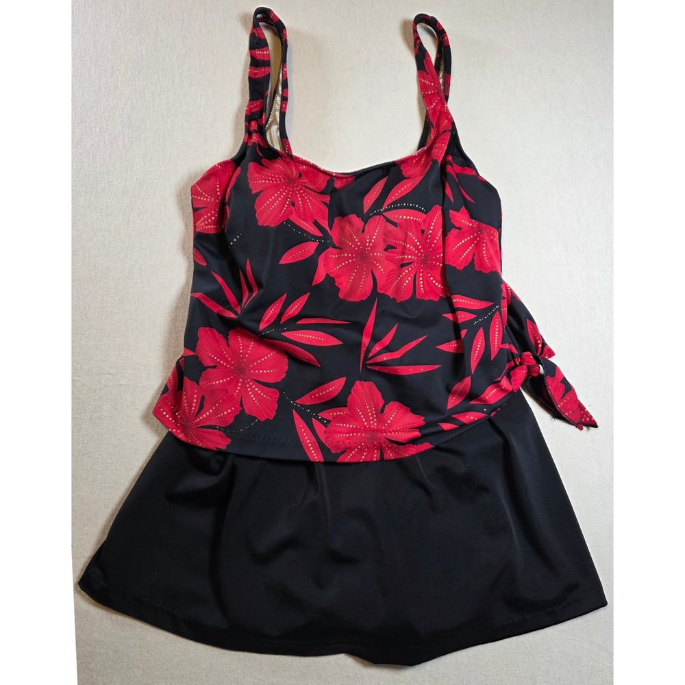 Le Cove Womens 16 Black Red Floral Hibiscus Skirtini Swimsuit One Piece Tankini